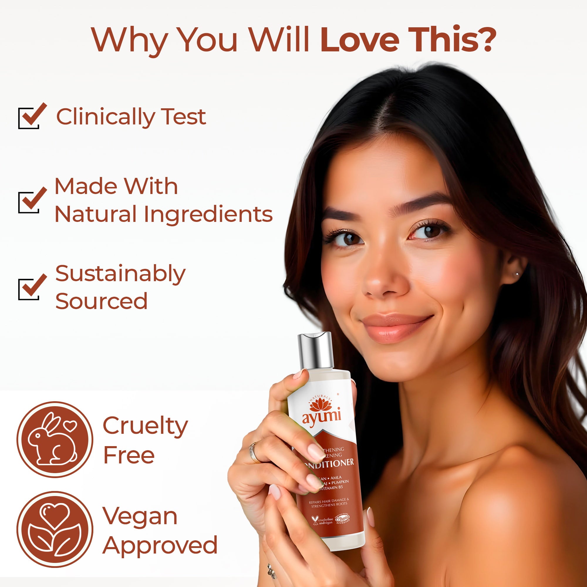 Woman holding a bottle of Ayumi product with features listed on a white background