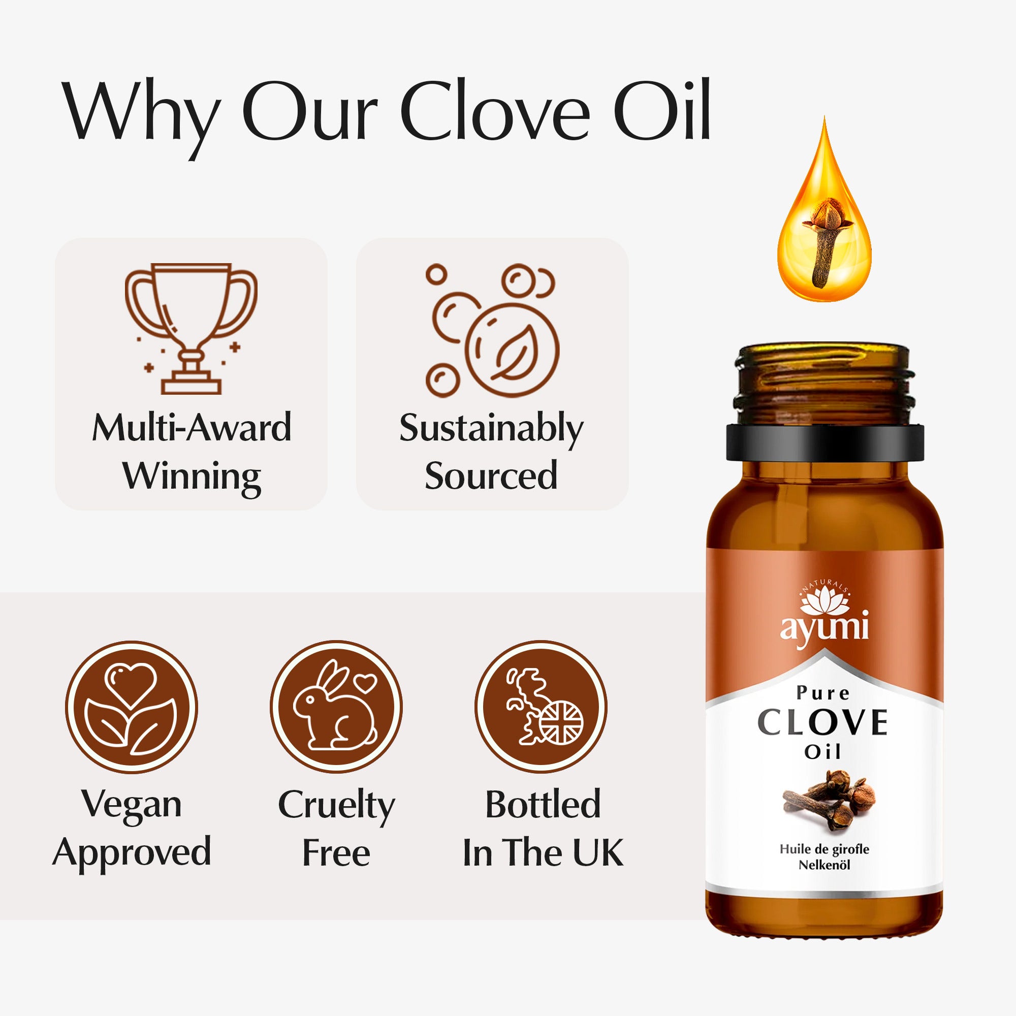 Ayuni Pure Clove Oil bottle with certification icons on a white background