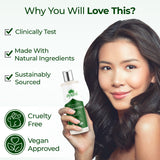 Woman holding a bottle of Ayuni conditioner with product features listed on a white background