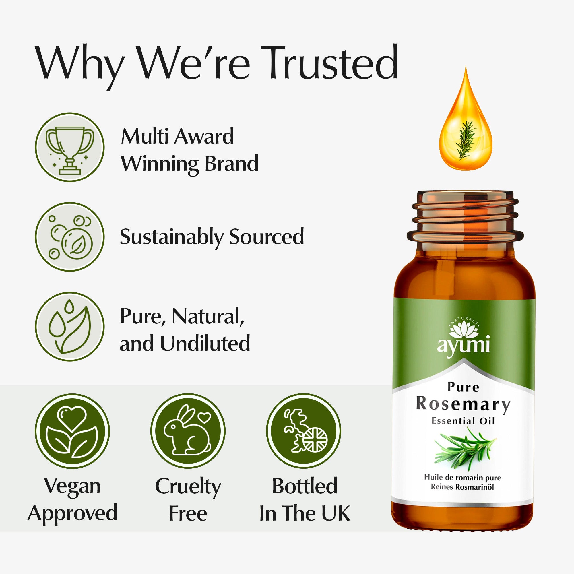 Ayuni Pure Rosemary Essential Oil bottle with certification icons on a white background
