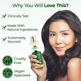 Woman holding a bottle of Ayumi shampoo with product features listed on the left.