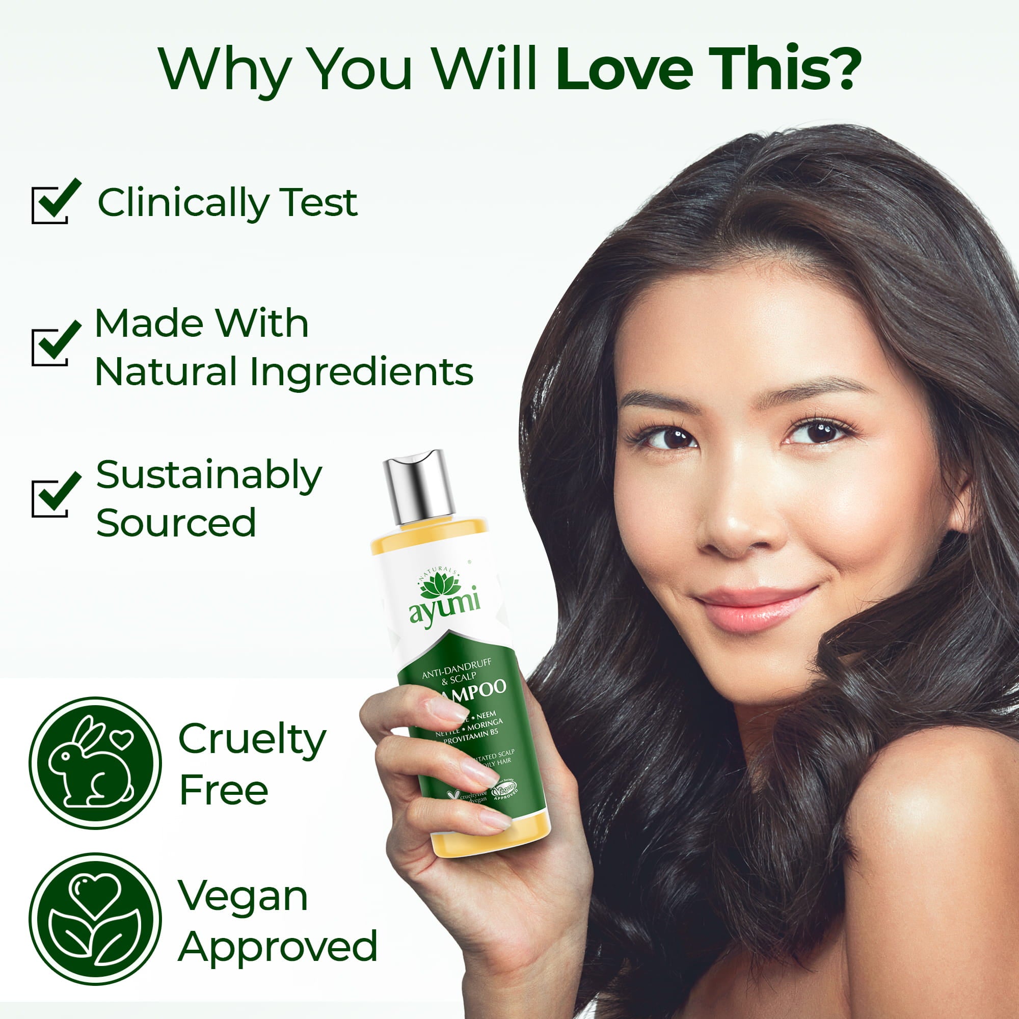 Woman holding a bottle of Ayumi shampoo with product features listed on the left.