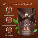 Ayumi henna powder package with brand features on a brown background