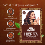 Ayumi Henna Powder packaging with branding and product features on a brown background
