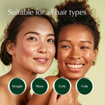 Two women with different hair types and a text overlay indicating suitability for all hair types.