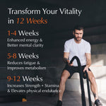 Man using battle ropes with fitness progression text on a dark background