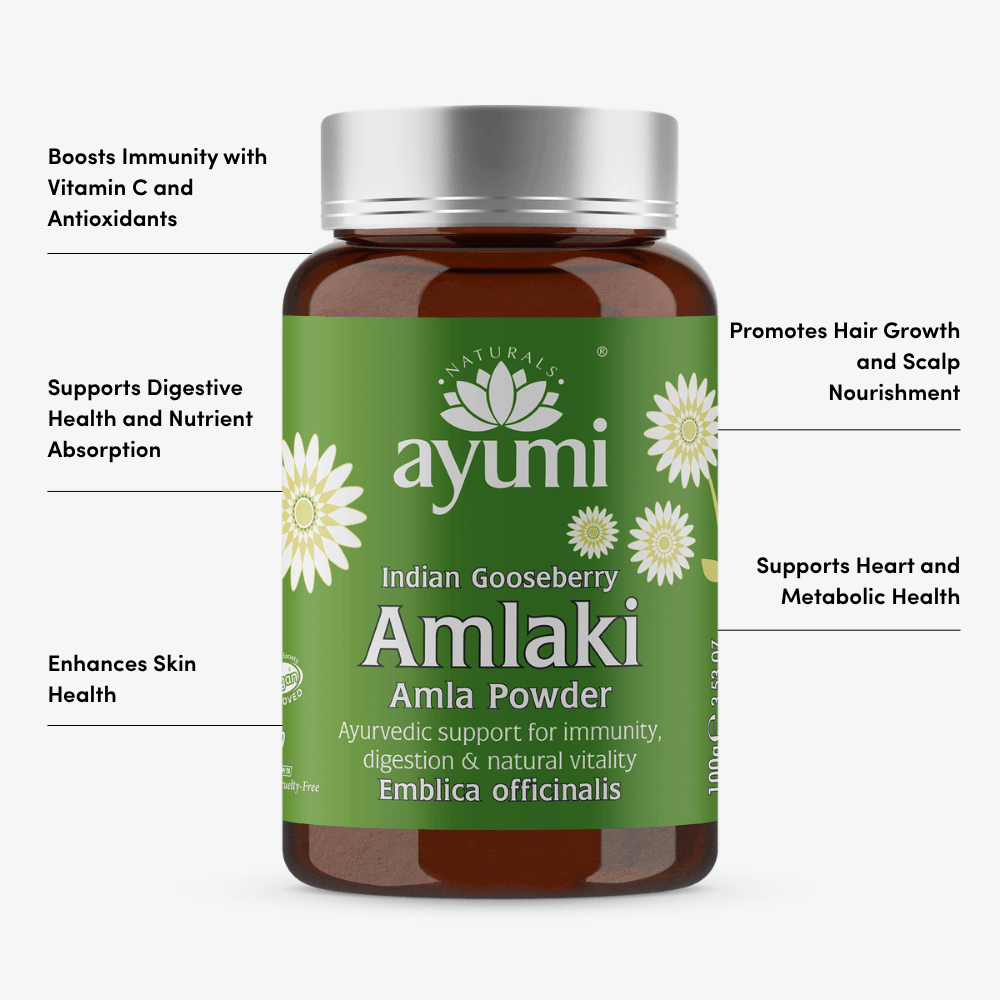Ayumi Amlaki powder bottle with green label on a white background