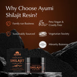 Ayumi Shilajit Resin packaging with certification logos on a dark background