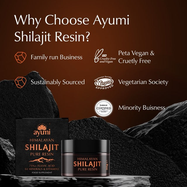 Ayumi Shilajit Resin packaging with certification logos on a dark background