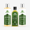 Ayumi shampoo, scalp hair oil, and conditioner bottles on a white background