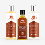 Three Ayumi hair care products on a white background