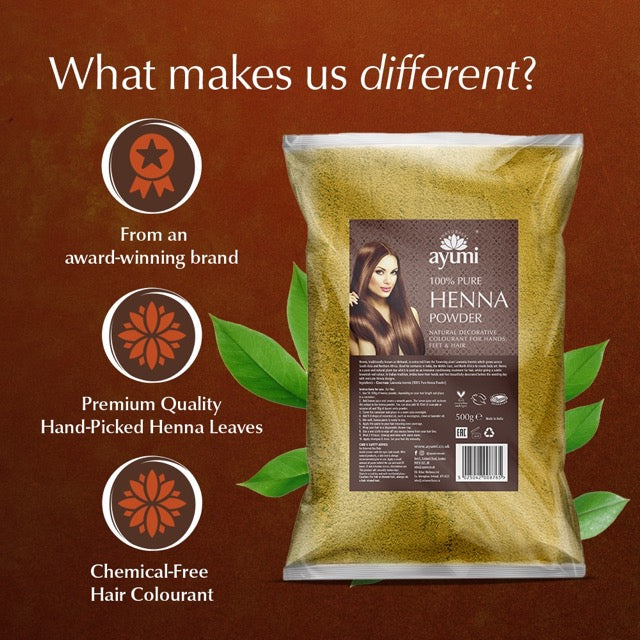 Ayumi Henna Powder package with branding and product details on a brown background