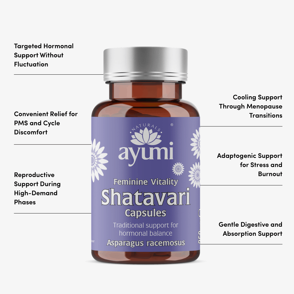 Ayumi Shatavari Capsules bottle with product features listed on a white background