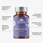 Ayumi Shatavari Capsules bottle with product features listed on a white background