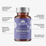 Ayumi Shatavari Capsules bottle with product features listed on a white background