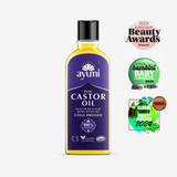 Ayumi castor oil bottle with awards on a white background