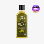 Ayumi olive oil bottle with a Bambini Baby Awards badge on a white background