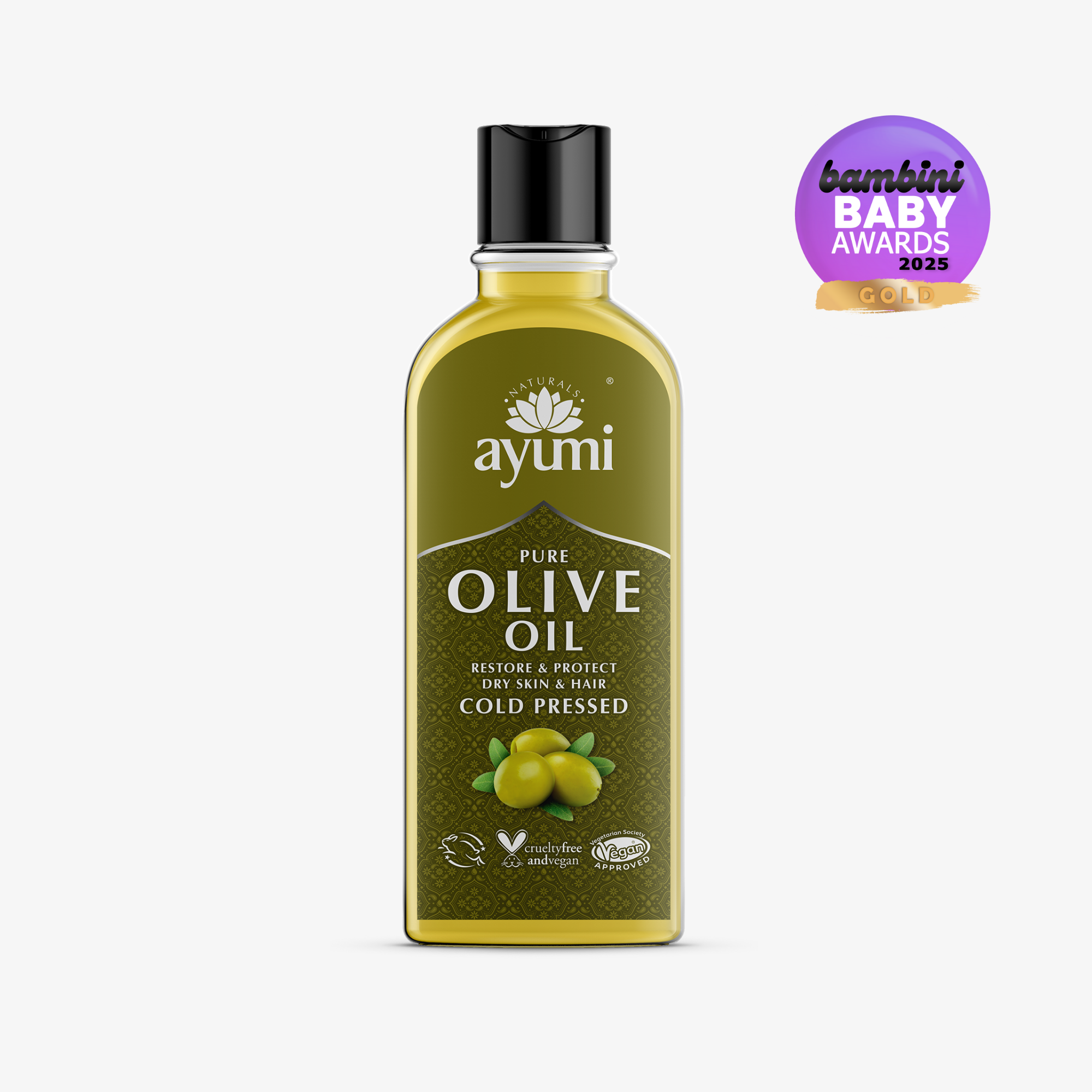 Ayumi olive oil bottle with a Bambini Baby Awards badge on a white background