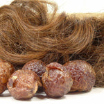 Close-up of brown hair and dried aritha soap nuts on a white background