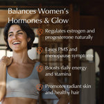 Woman in a sports bra with text about hormone balance and health benefits.