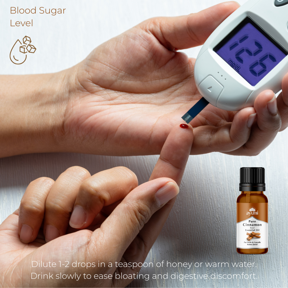Ayumi Cinnamon Oil, person showing a blood prick to see sugar glucose levels