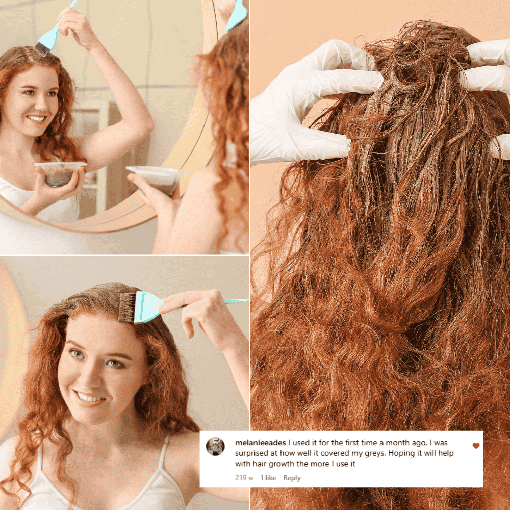 Collage of a woman applying hair colour, close-up of hair with gloves, and the final result.