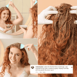 Collage of a woman applying hair colour, close-up of hair with gloves, and the final result.