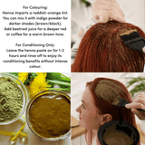 Instructions for using henna to colour hair with images of henna paste and a person applying it.