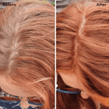 Before and after comparison of hair color treatment showing a lighter shade on the right.