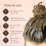 Instructions on how to use henna for hair with a close-up of henna-dyed hair.