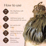Instructions on how to use henna for hair with a close-up of henna-dyed hair.