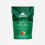 Green package of Ayumi Herbal Henna with branding and product details on a white background
