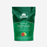 Green package of Ayumi Herbal Henna with branding and product details on a white background