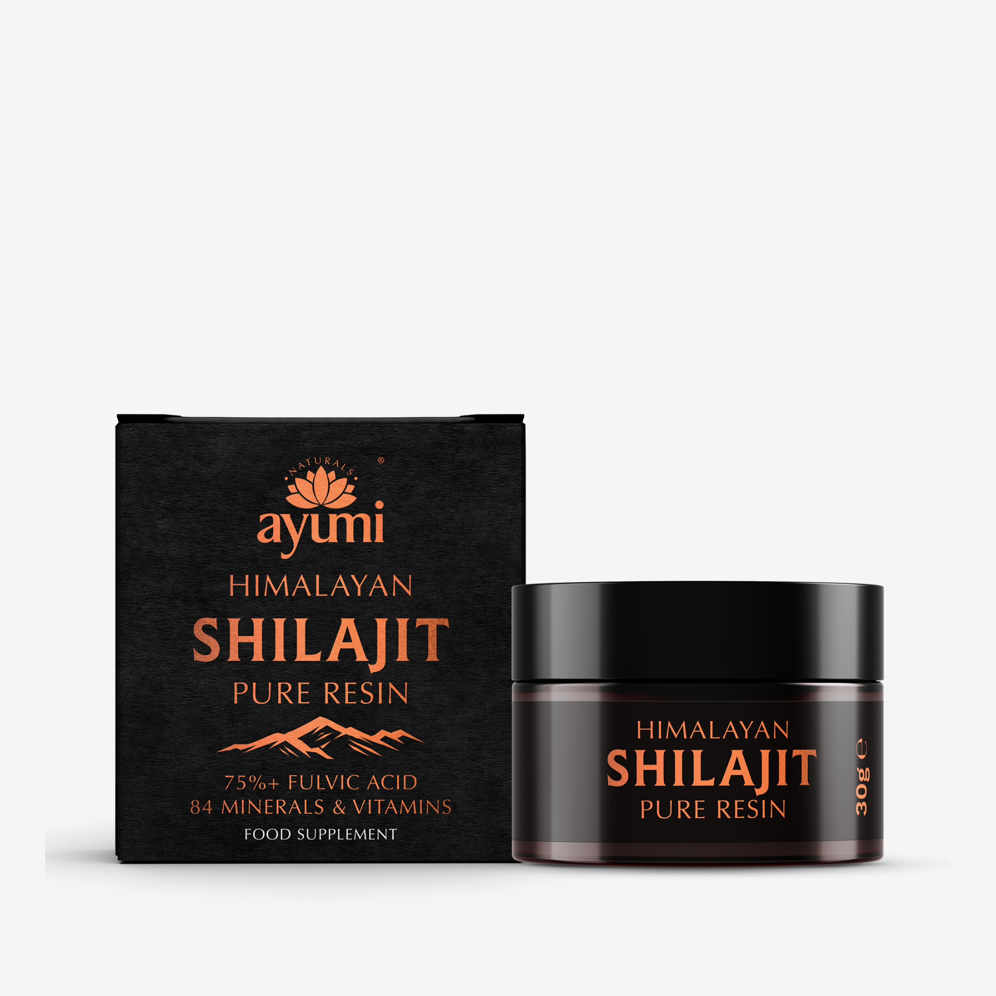 Himalayan Shilajit Pure Resin packaging with Ayumi branding on a light gray background