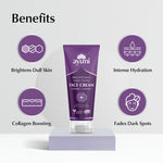 Ayumi face cream with benefits listed on a light gray background