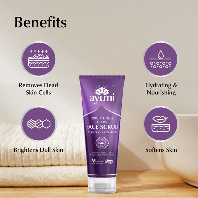 Ayumi face scrub tube with benefits listed on a neutral background