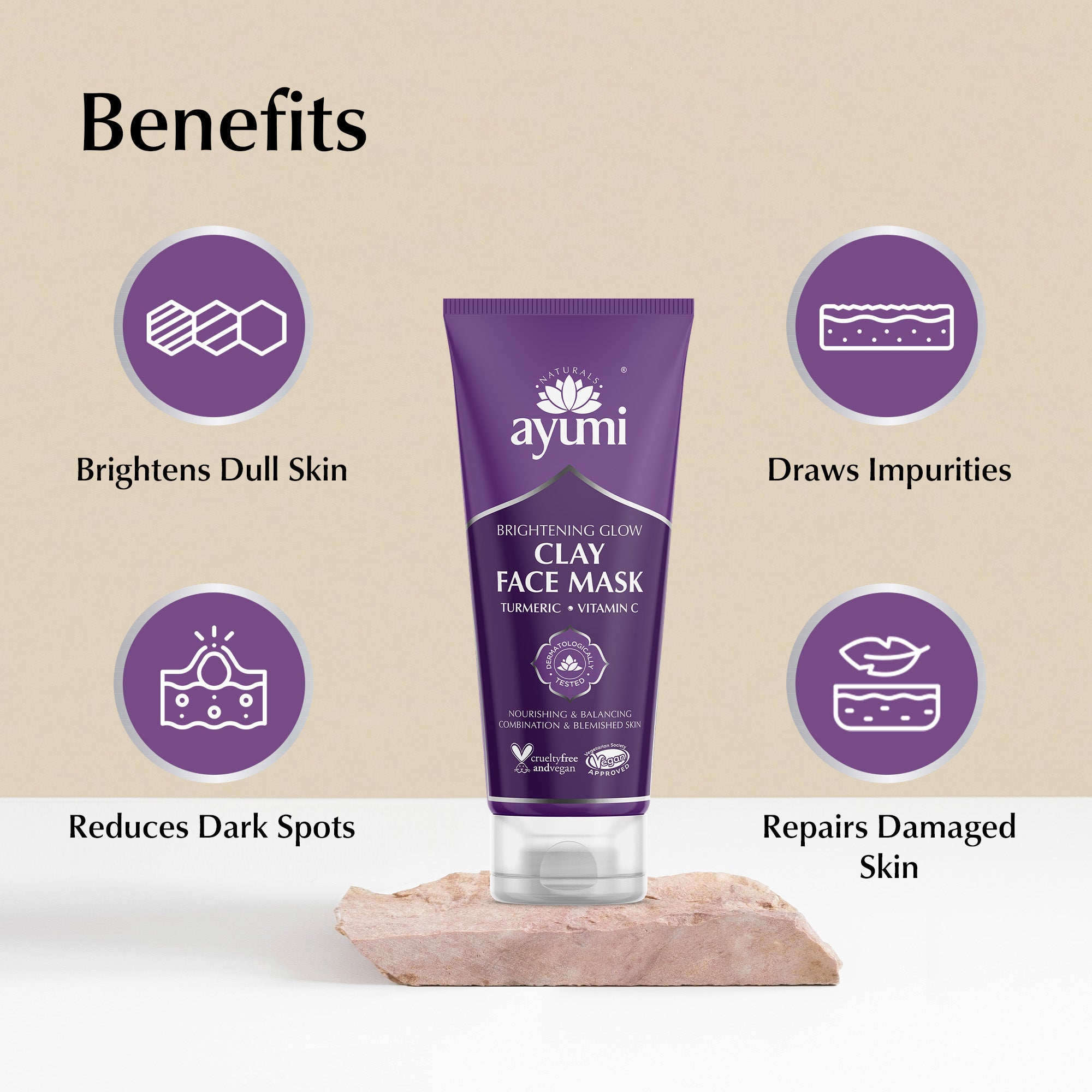 Ayumi clay face mask tube with benefits on a beige background