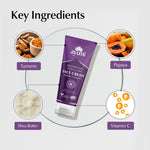 Ayumi brightening daily care face cream with key ingredients displayed around it on a light gray background.