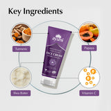 Ayumi brightening daily care face cream with key ingredients displayed around it on a light gray background.