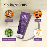 Ayumii face scrub with key ingredients displayed around it on a beige background