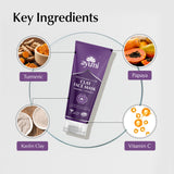 Ayumi clay face mask with key ingredients displayed around it on a light gray background