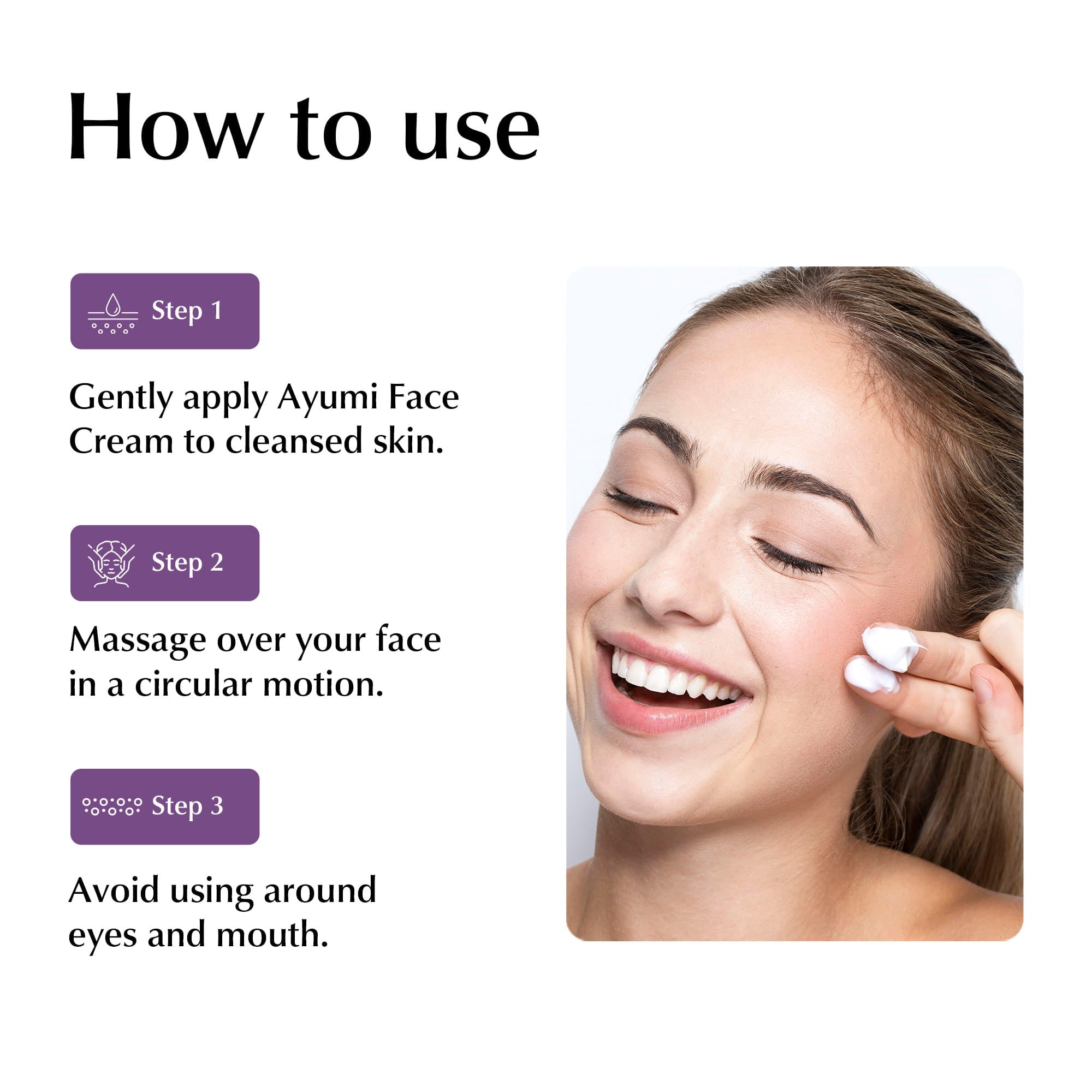 Instructions on how to use Ayumi Face Cream with a smiling woman applying cream.