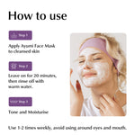 Instructions on how to use Ayumi Face Mask with a woman wearing a mask and a purple headband.
