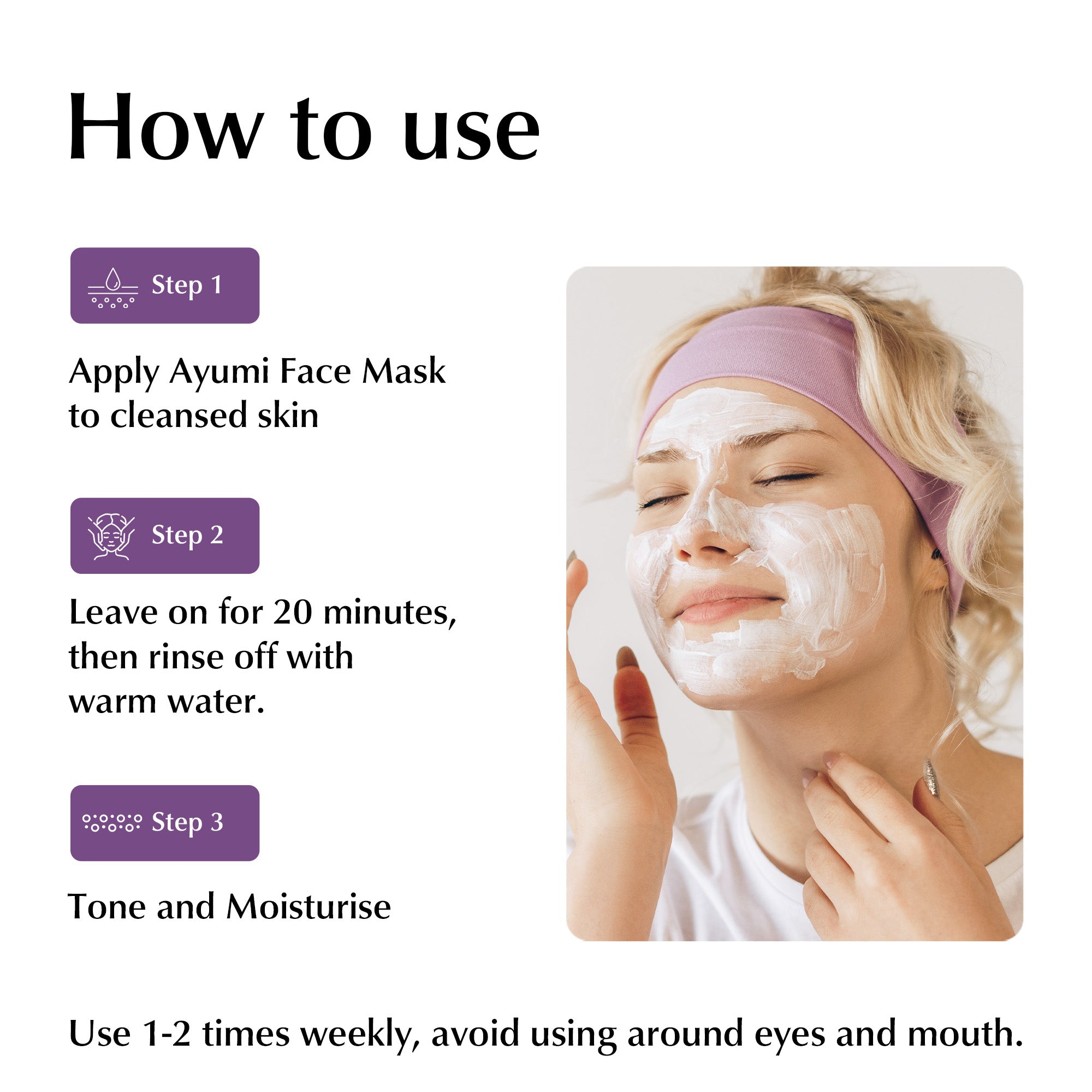 Instructions on how to use Ayumi Face Mask with a woman wearing a mask and a purple headband.