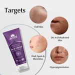 Ayuvi brightening daily glow face cream with images of skin types it targets on a white background.