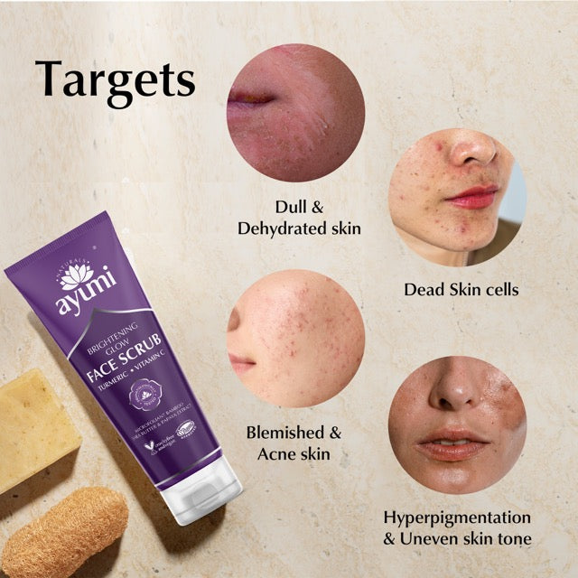 Ayuni face scrub with images of skin issues it targets on a beige background