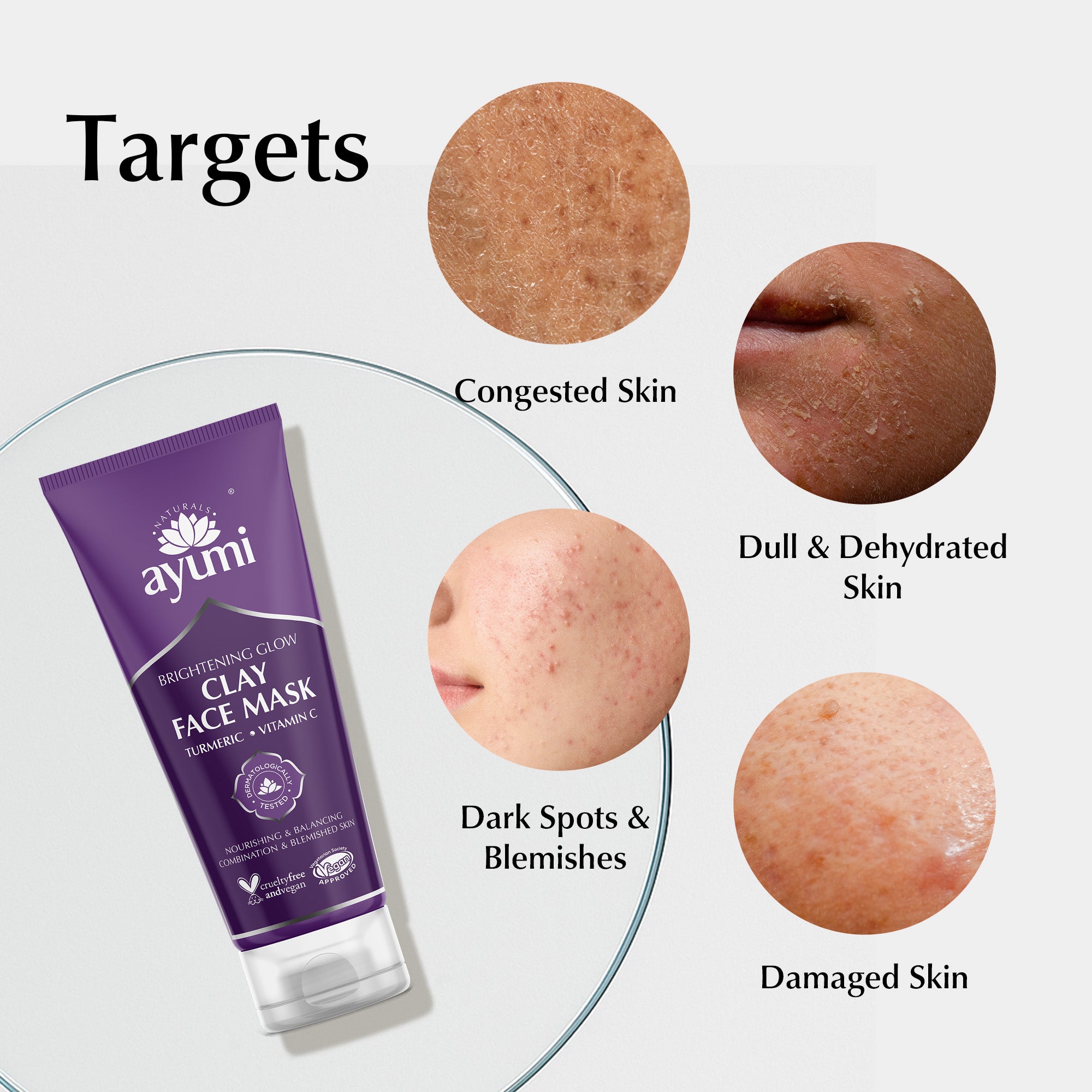 Ayumi clay face mask with images of skin types it targets on a light gray background