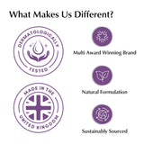 List of brand attributes including dermatologically tested, multi award winning brand, made in the United Kingdom, natural formulation, and sustainably sourced on a white background.
