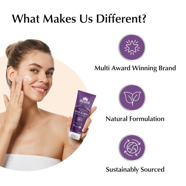 Woman applying cream to her face with a Ayumi product, surrounded by icons and text about the brand's attributes.