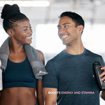 Fit couple smiling post-workout holding water bottles, promoting Shilajit for energy and stamina boost.